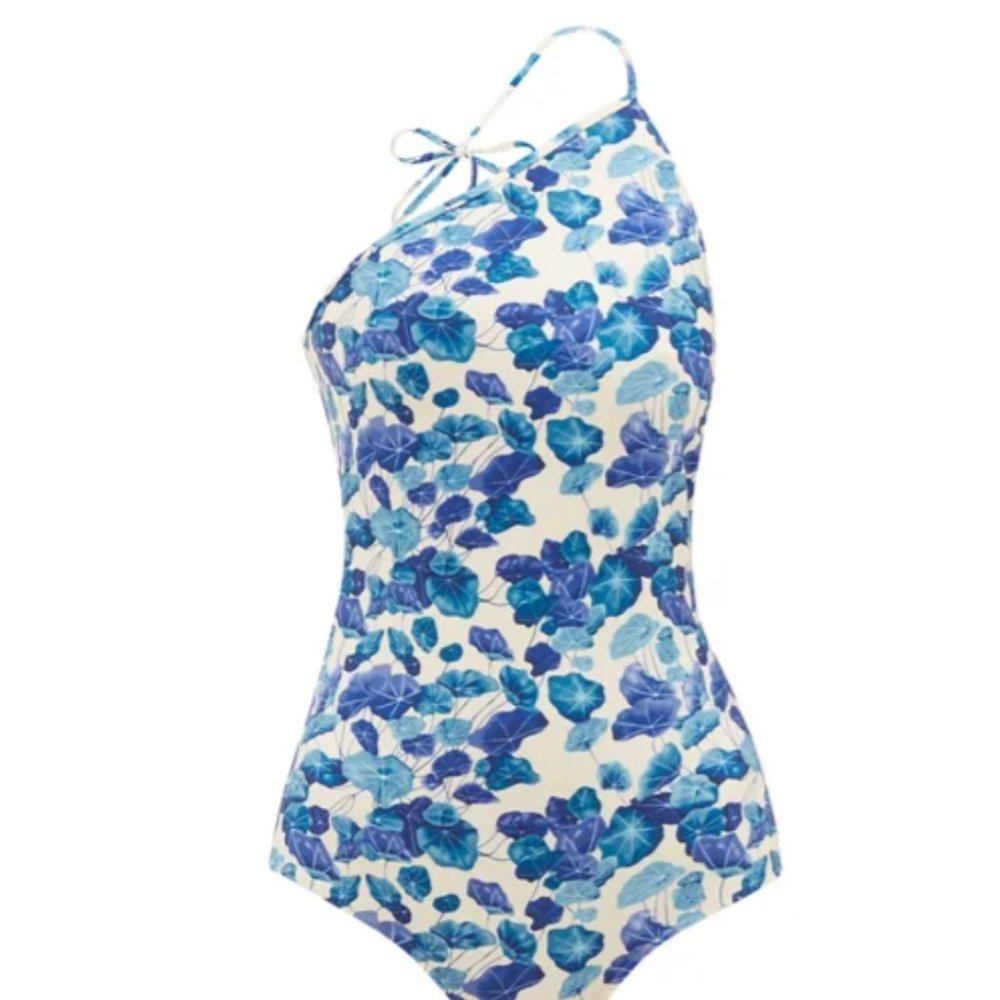 One Shoulder Blue Floral Lotus-print swimsuit